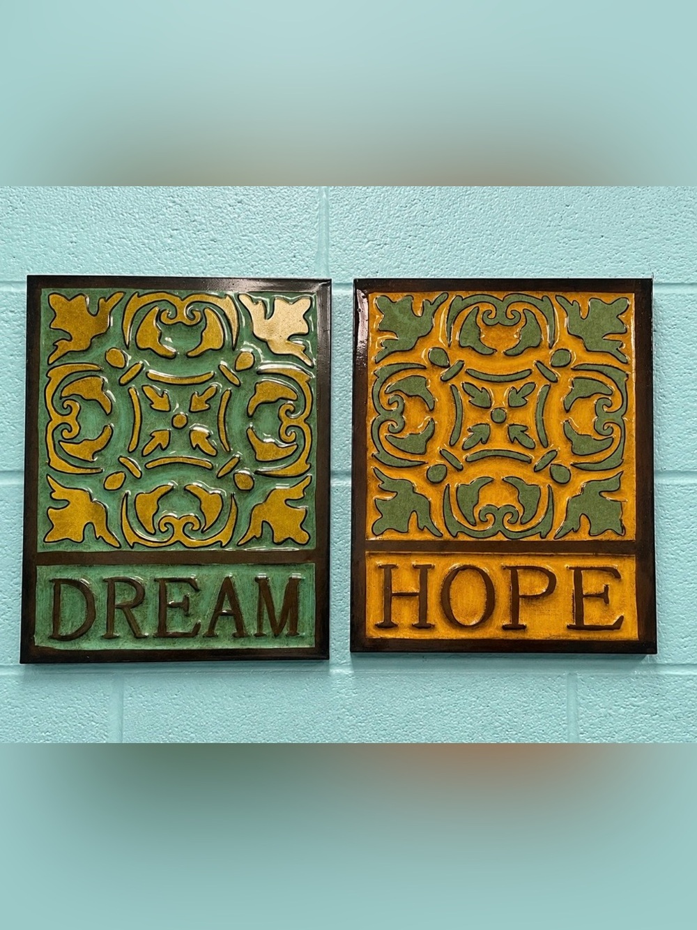 HOPE and DREAM Metal Wall Plaques in Mustard Yellow and Olive Green